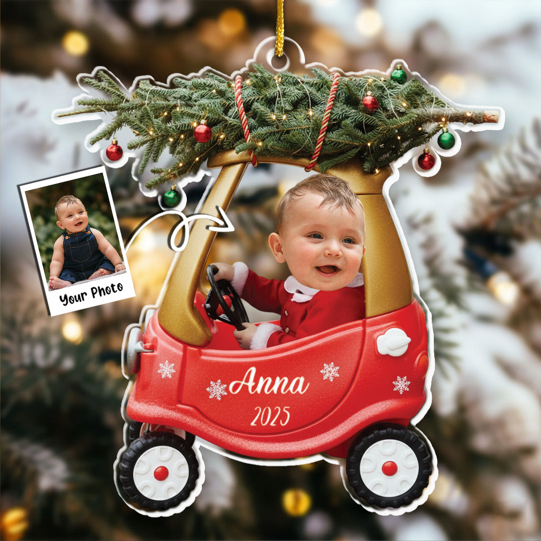 Custom Baby Kid In Car - Personalized Newborn Christmas Photo Ornament