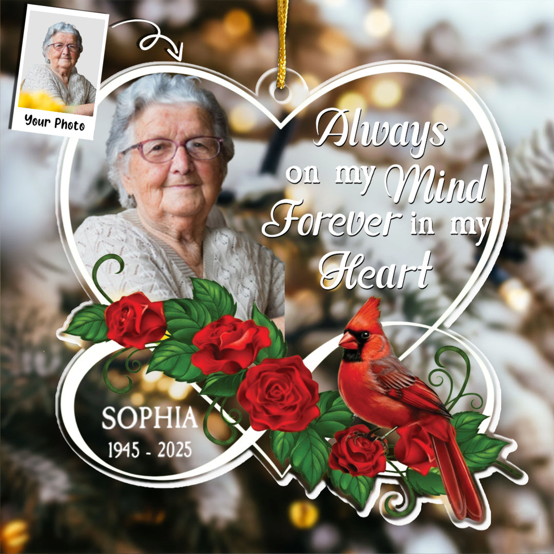 Forever In My Heart Memorial Cardinal Rose - Personalized Acrylic Photo Ornament