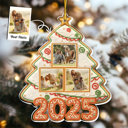 Custom Photo Happy Family Christmas Tree Gingerbread - Personalized Custom Shaped Acrylic Ornament