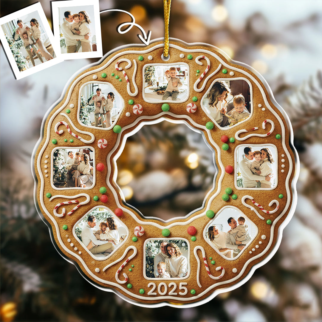 Gingerbread Christmas Wreath With Family Photos - Personalized Acrylic Ornament