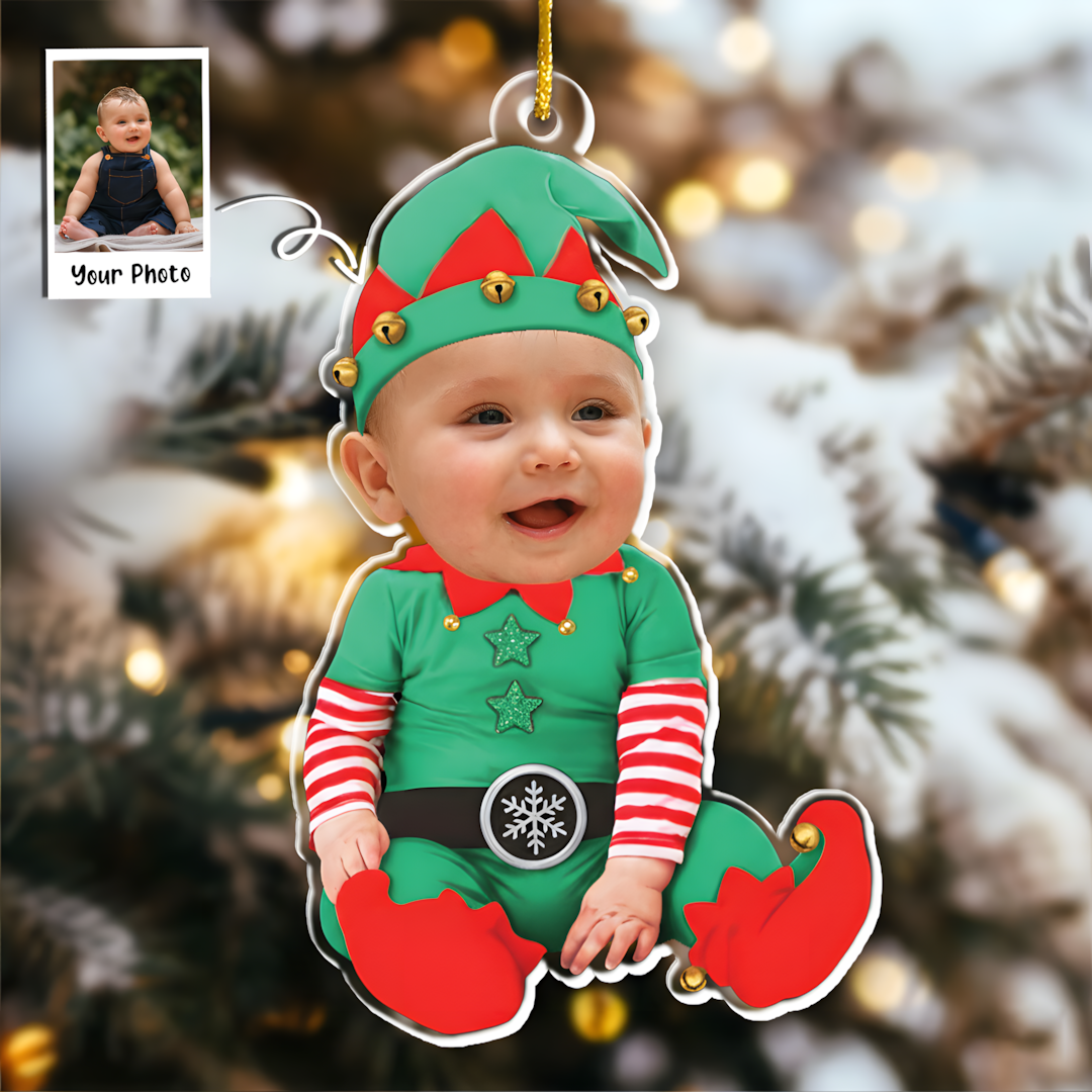Adorable Newborn Baby Elf - Personalized Babys Photo First Christmas Ornament