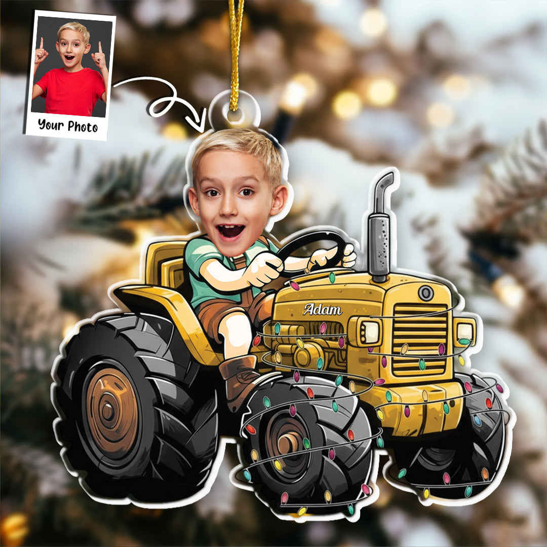 Just A Boy Who Loves Tractor Custom Kid Face - Personalized Acrylic Photo Ornament