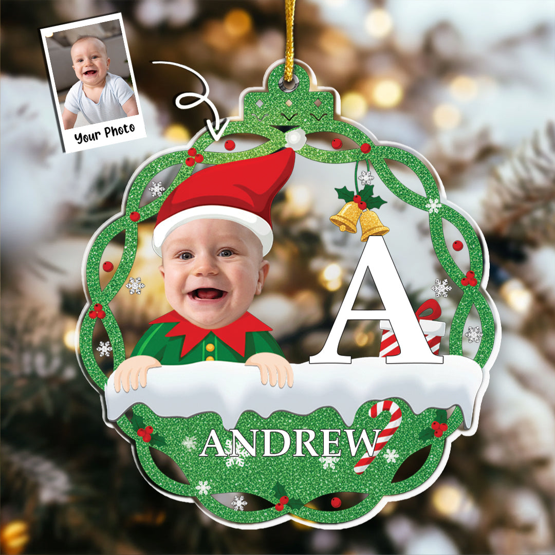 Christmas Elf Monogram Kid - Personalized Acrylic Photo Ornament