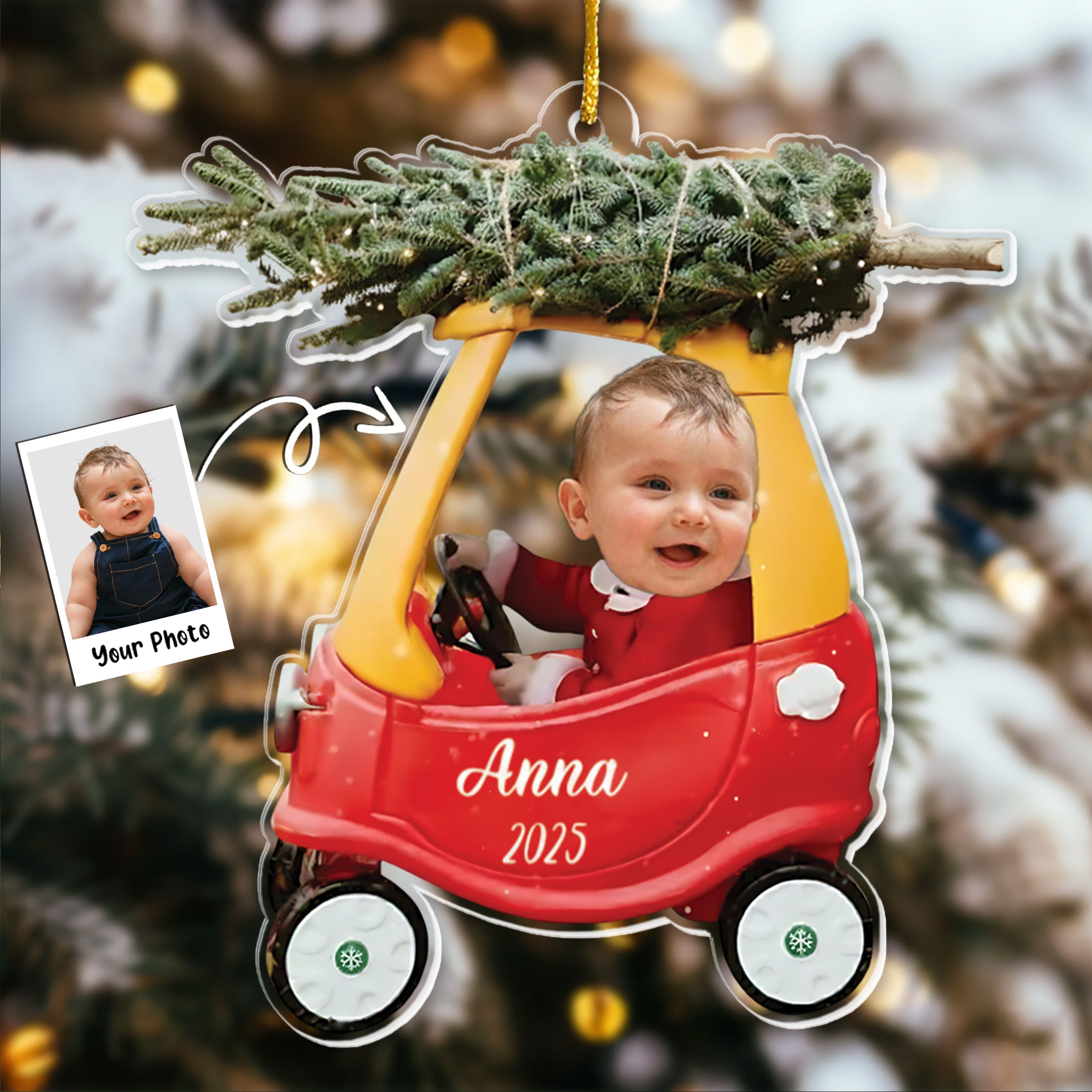Custom Baby Kid In Car - Personalized Newborn Christmas Photo Ornament