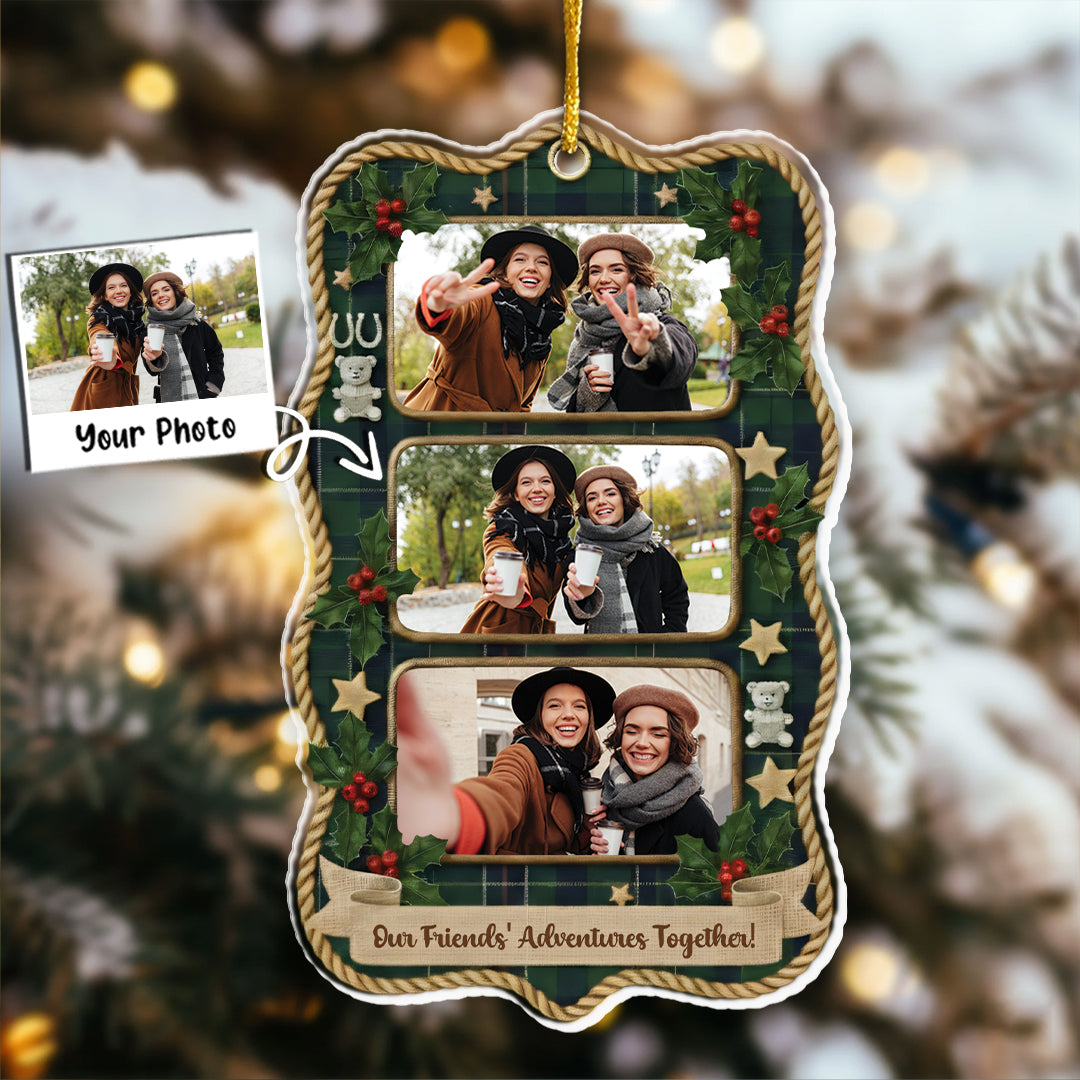 Our Adventures Friends Together Custom Photo Ornament - Plaid Christmas Frame Gift