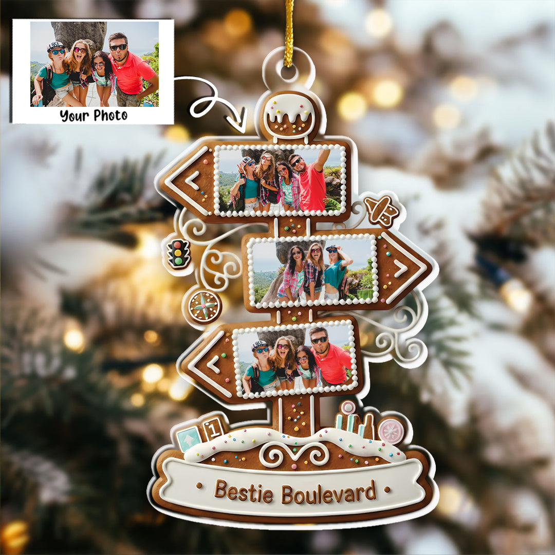 Bestie Boulevard Custom Photo Upload Ornament - Gingerbread Sign Christmas Gift 2025