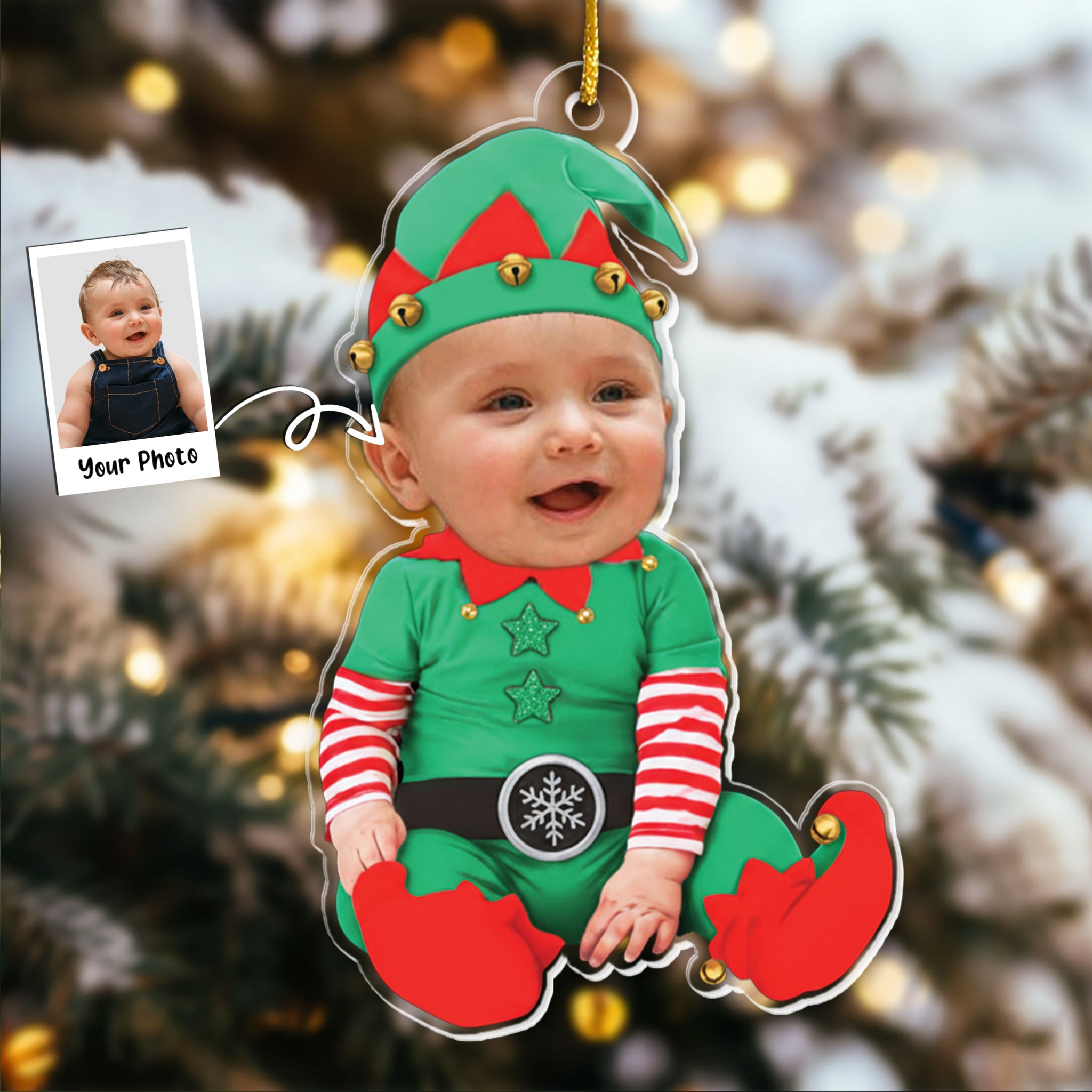 Adorable Newborn Baby Elf - Personalized Babys Photo First Christmas Ornament