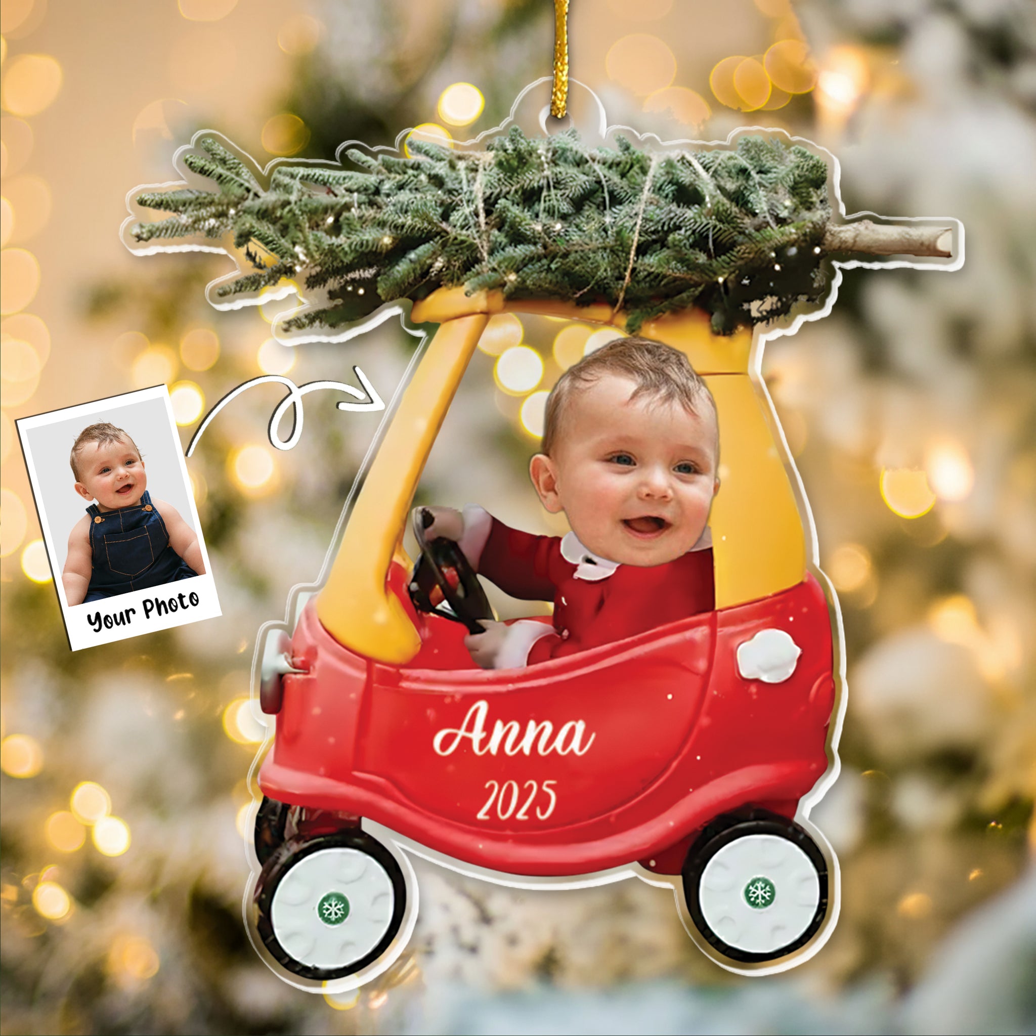 Custom Baby Kid In Car - Personalized Newborn Christmas Photo Ornament