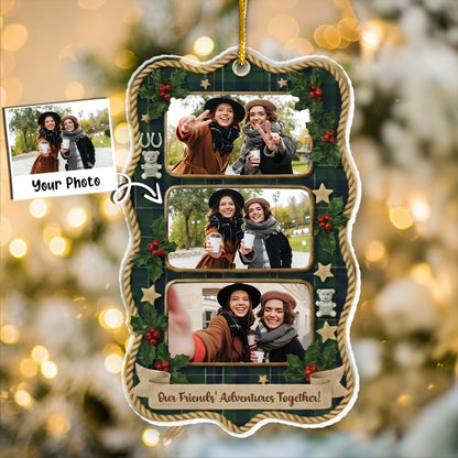 Our Adventures Friends Together Custom Photo Ornament - Plaid Christmas Frame Gift