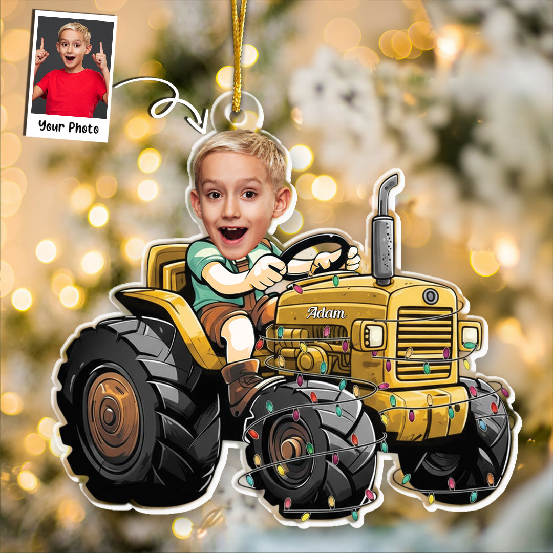 Just A Boy Who Loves Tractor Custom Kid Face - Personalized Acrylic Photo Ornament