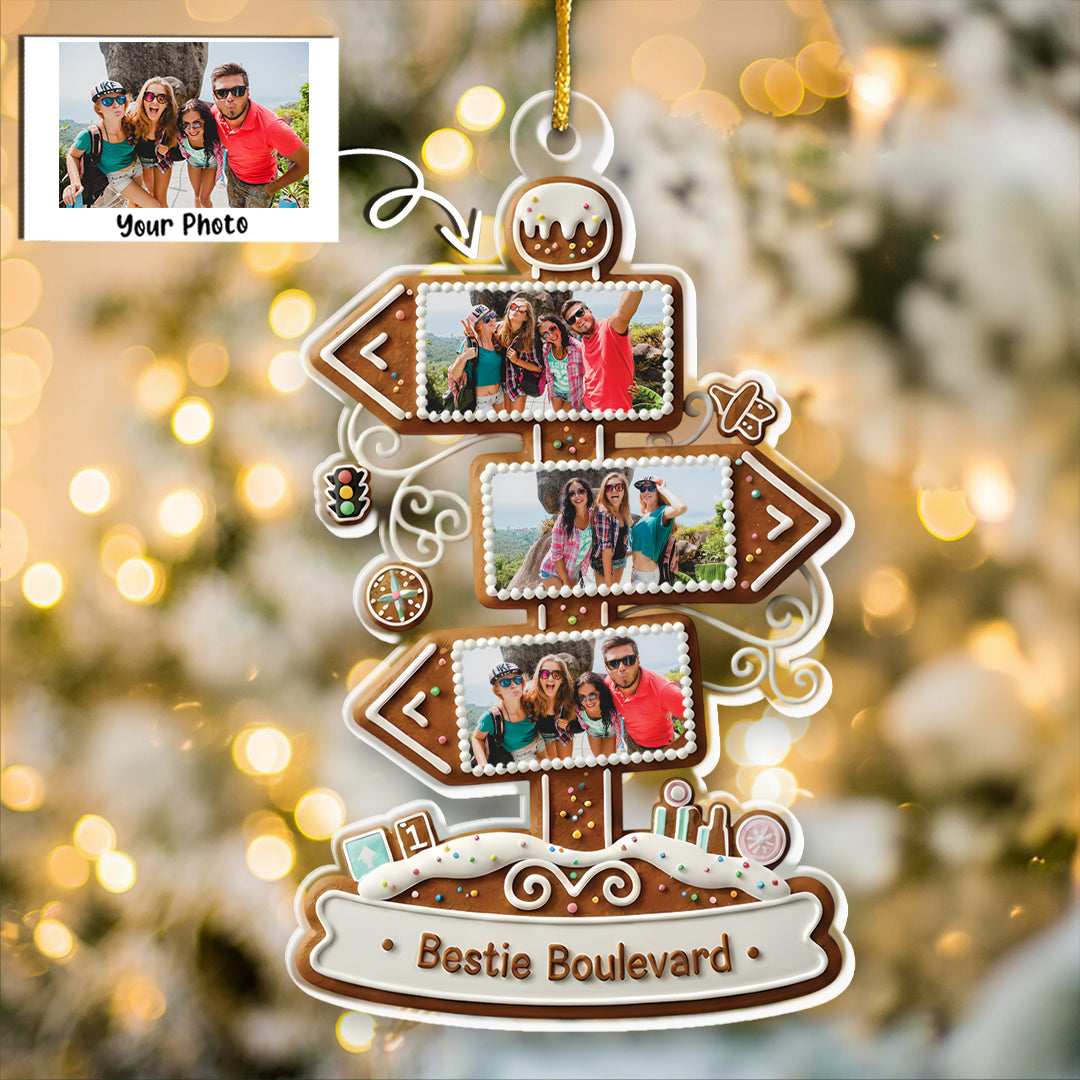 Bestie Boulevard Custom Photo Upload Ornament - Gingerbread Sign Christmas Gift 2025