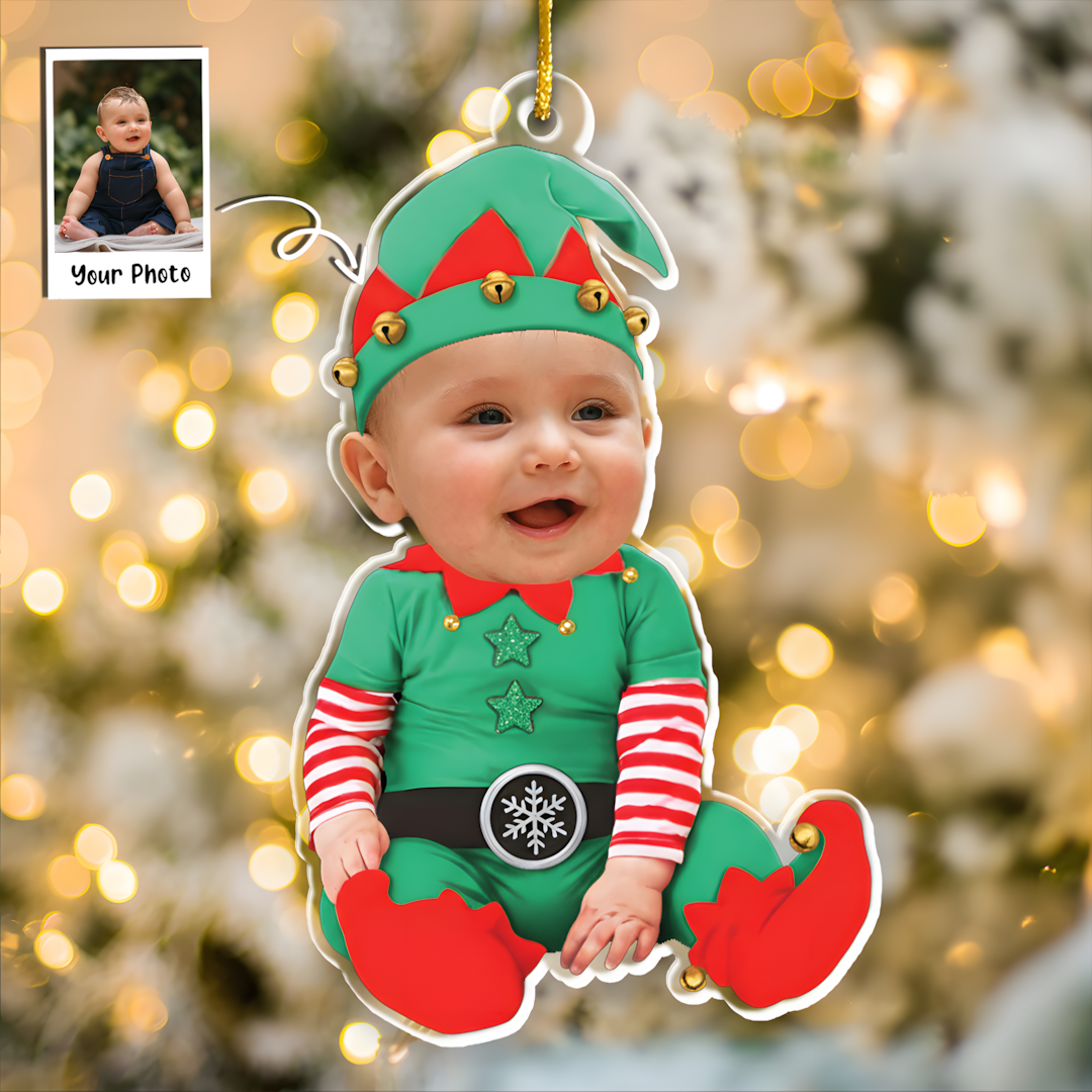 Adorable Newborn Baby Elf - Personalized Babys Photo First Christmas Ornament