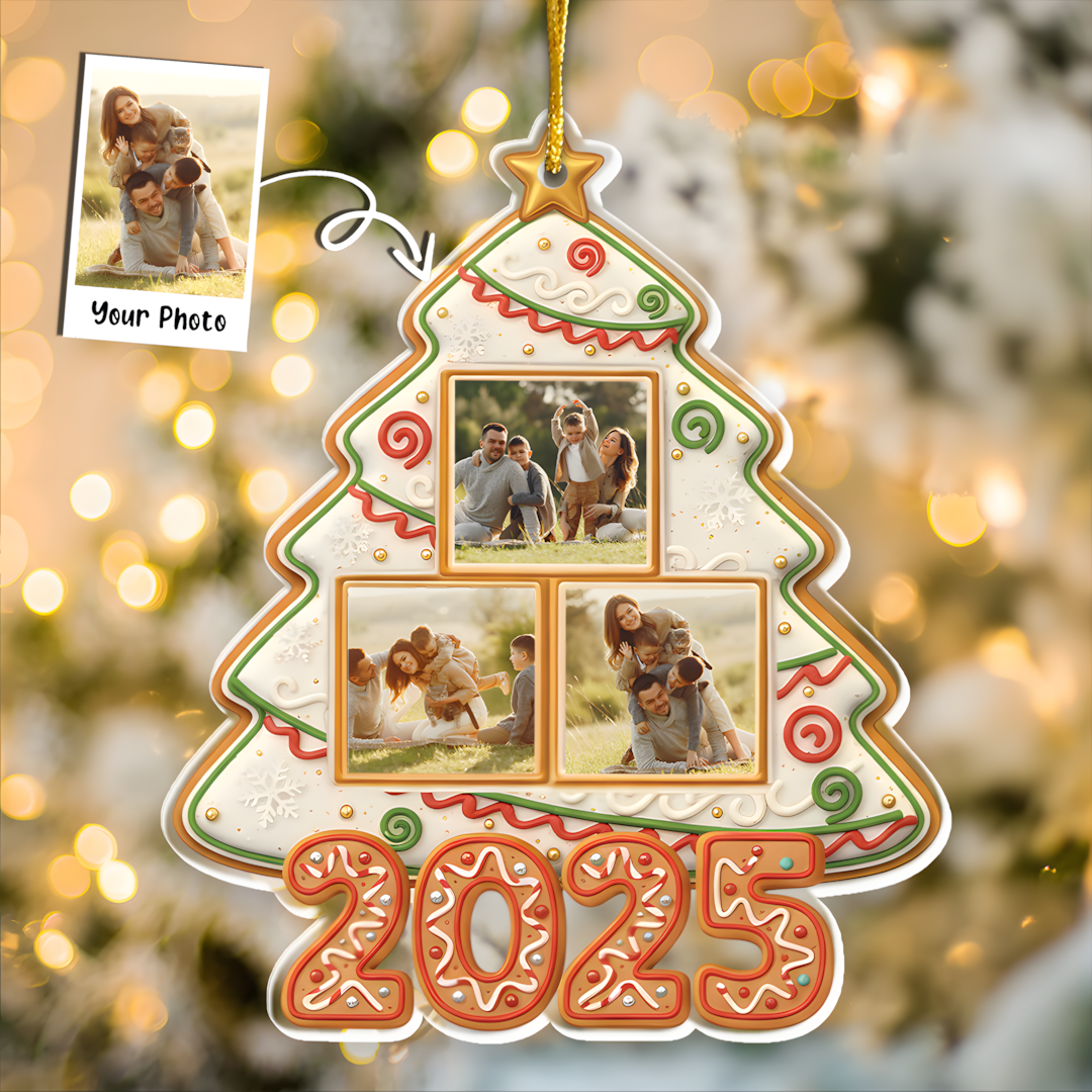 Custom Photo Happy Family Christmas Tree Gingerbread - Personalized Custom Shaped Acrylic Ornament