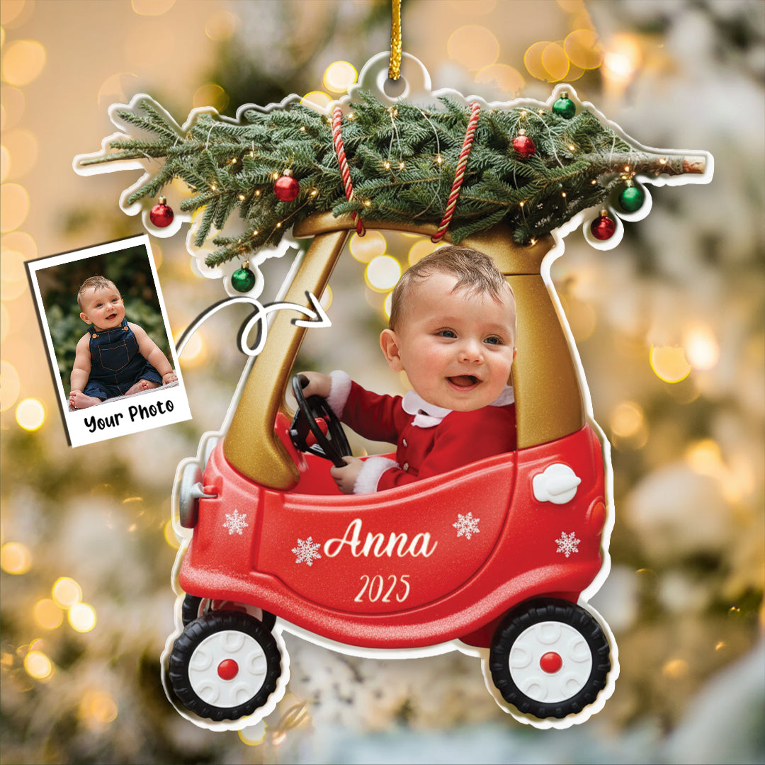 Custom Baby Kid In Car - Personalized Newborn Christmas Photo Ornament