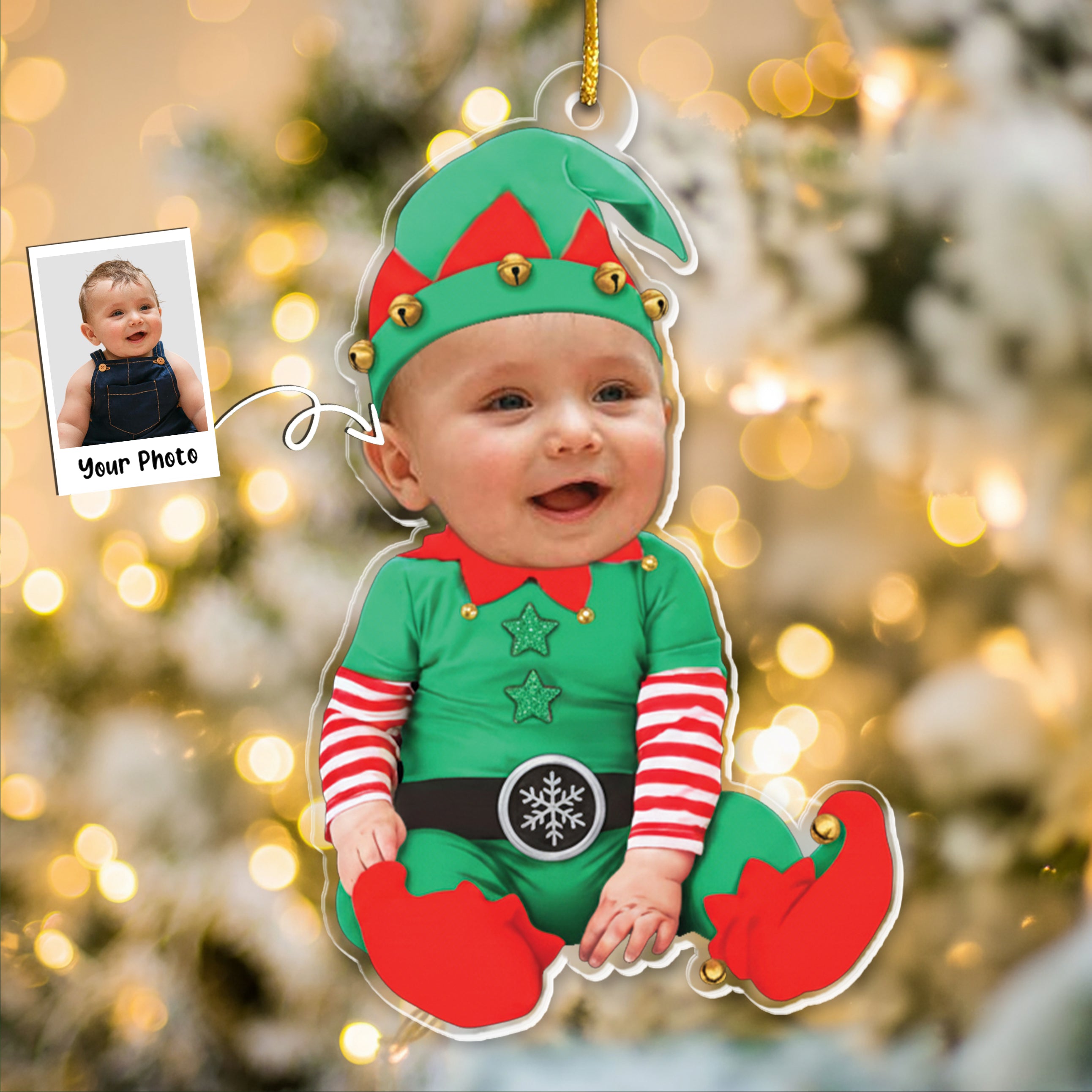 Adorable Newborn Baby Elf - Personalized Babys Photo First Christmas Ornament