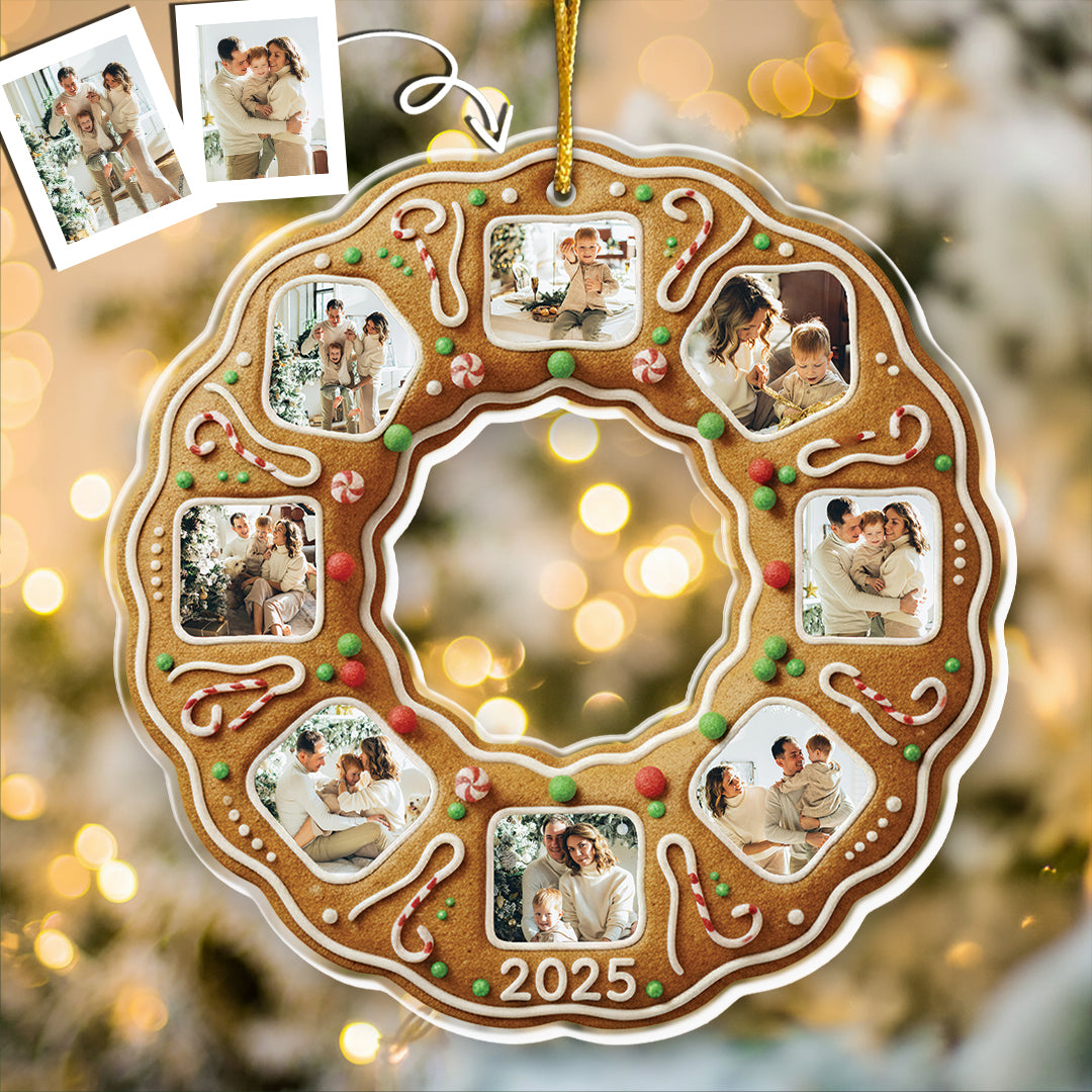Gingerbread Christmas Wreath With Family Photos - Personalized Acrylic Ornament