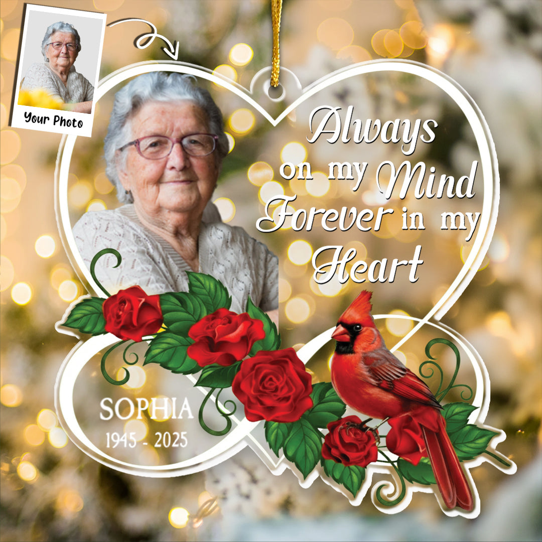Forever In My Heart Memorial Cardinal Rose - Personalized Acrylic Photo Ornament