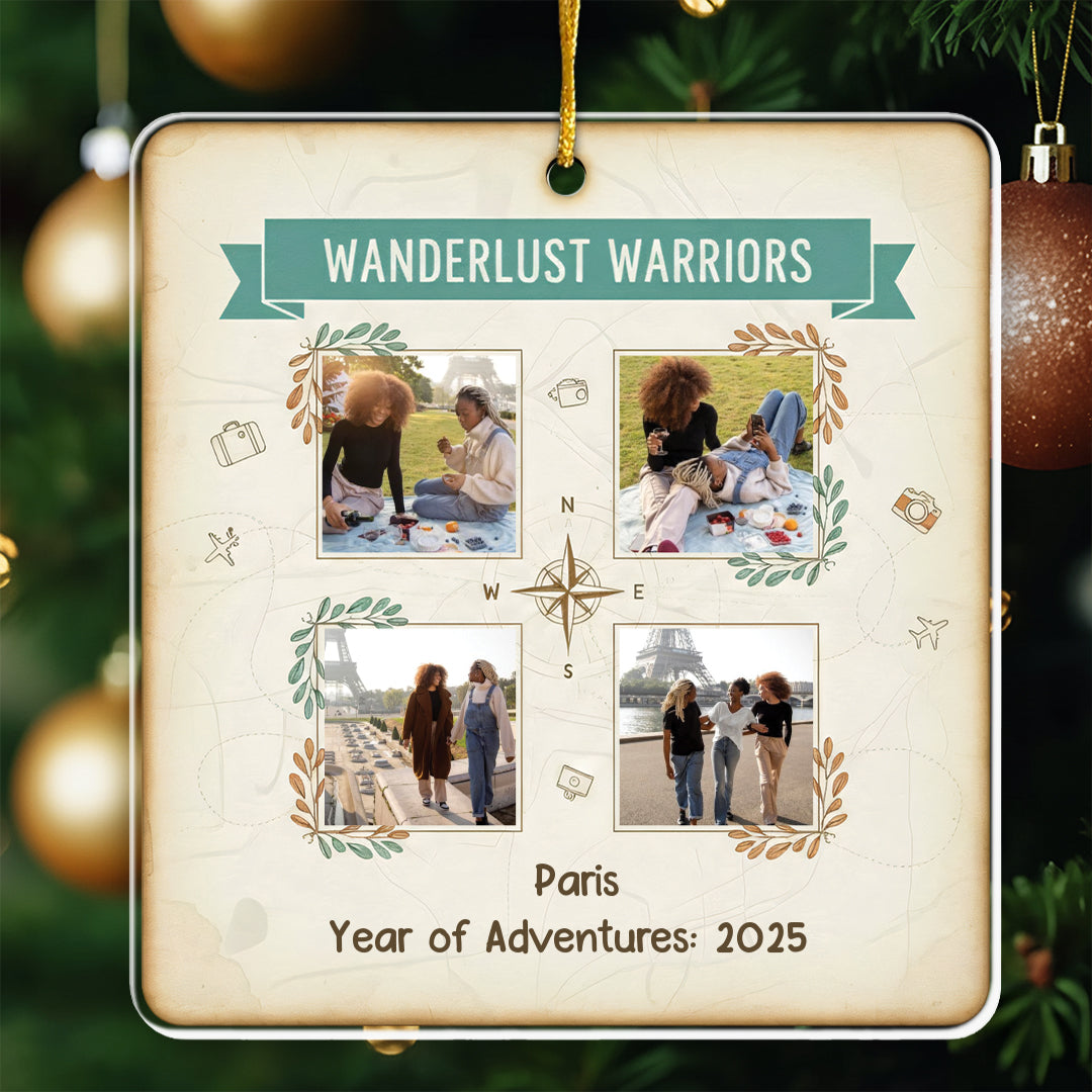 Wanderlust Warriors Personalized Photo Ornament - Custom 4 Pictures Travel Keepsake