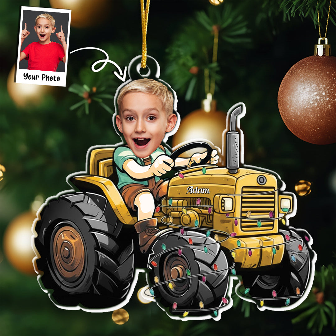 Just A Boy Who Loves Tractor Custom Kid Face - Personalized Acrylic Photo Ornament