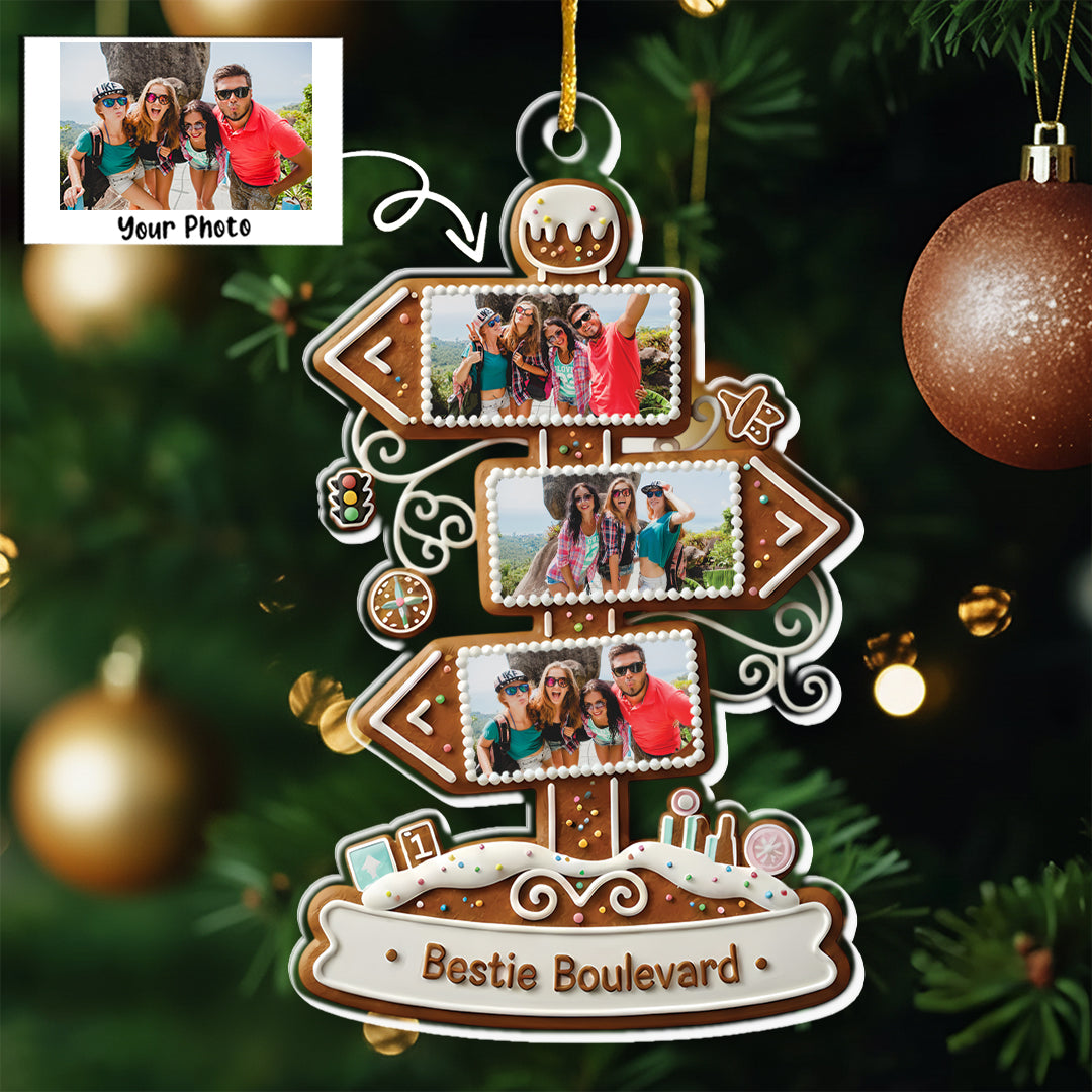 Bestie Boulevard Custom Photo Upload Ornament - Gingerbread Sign Christmas Gift 2025