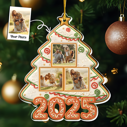Custom Photo Happy Family Christmas Tree Gingerbread - Personalized Custom Shaped Acrylic Ornament