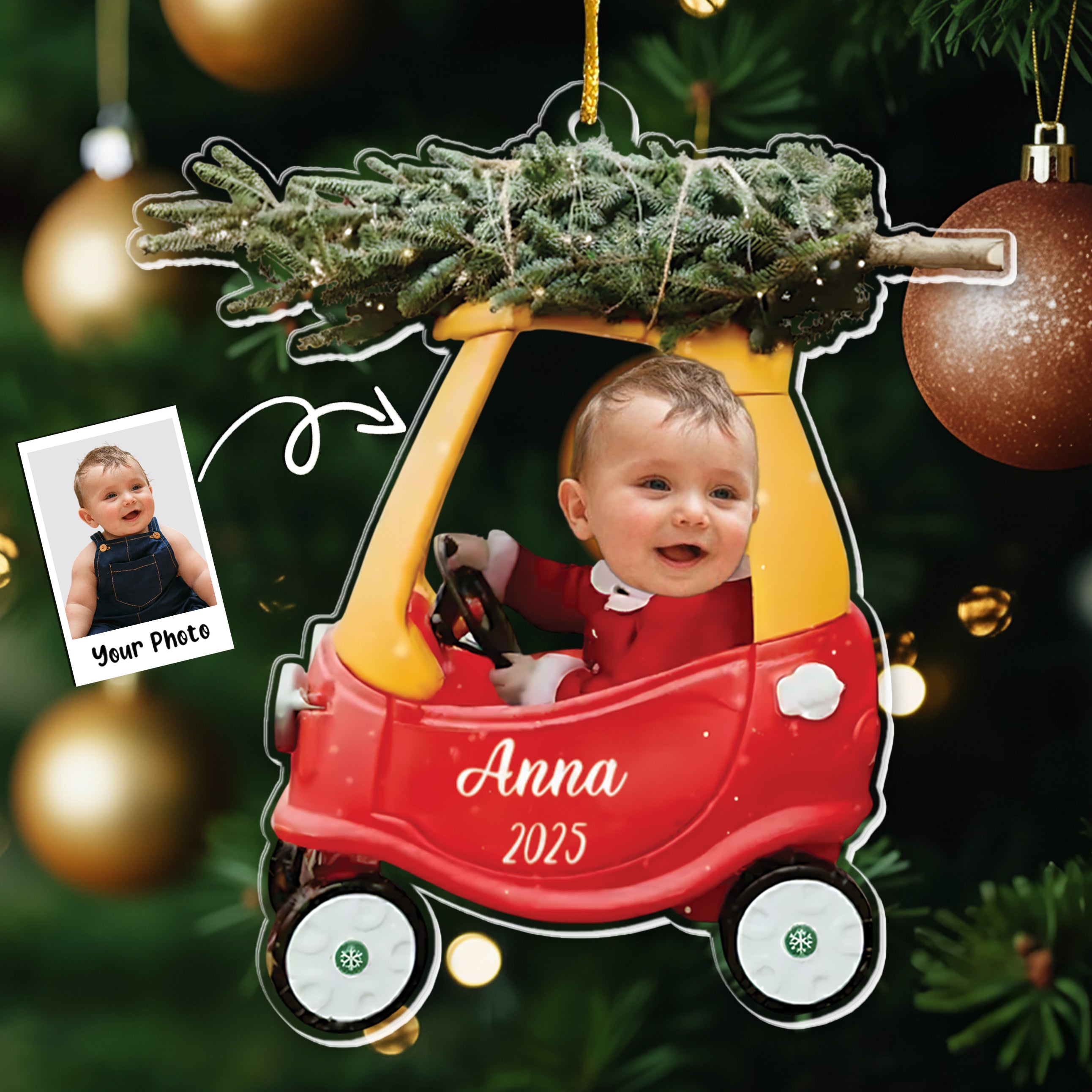 Custom Baby Kid In Car - Personalized Newborn Christmas Photo Ornament