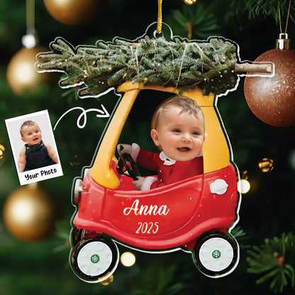 Custom Baby Kid In Car - Personalized Newborn Christmas Photo Ornament