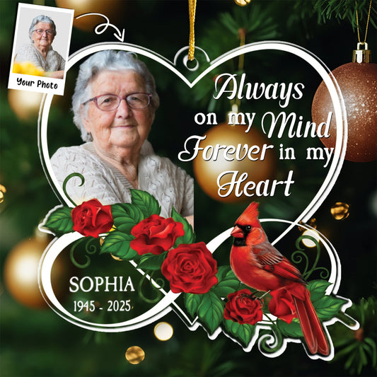 Forever In My Heart Memorial Cardinal Rose - Personalized Acrylic Photo Ornament