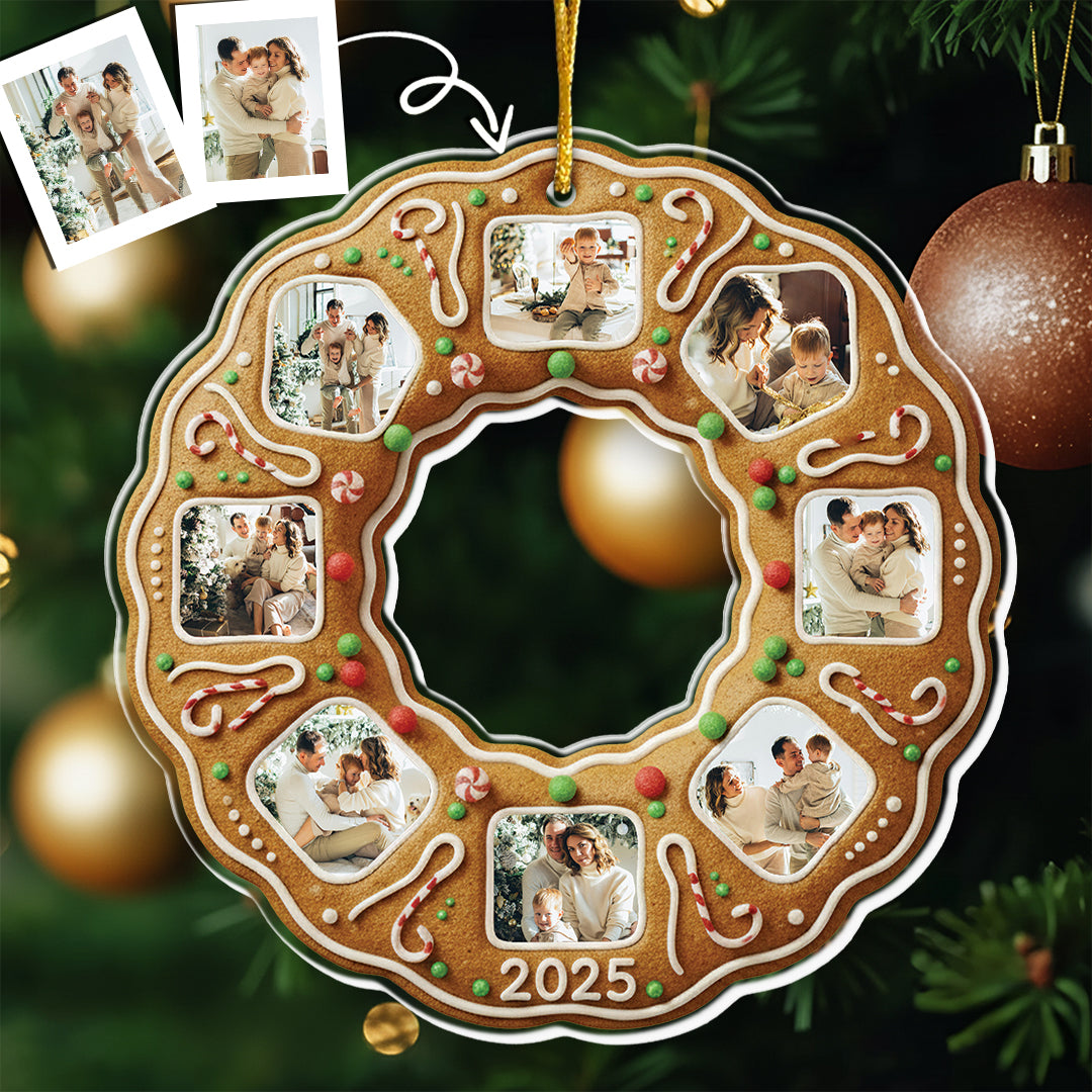 Gingerbread Christmas Wreath With Family Photos - Personalized Acrylic Ornament