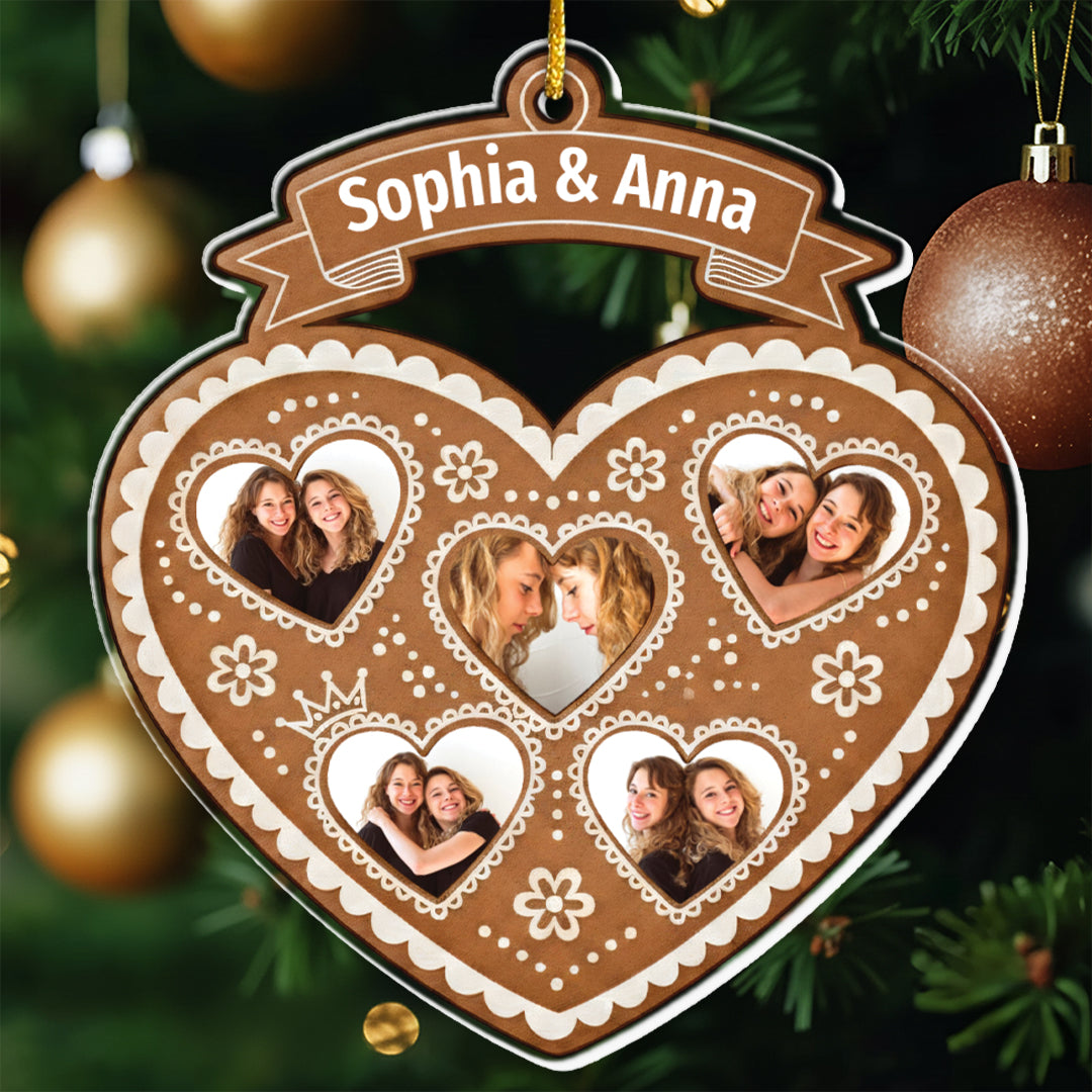 Gingerbread Heart Frame Ornament - Custom Names & Est. Year Gift for Sisters