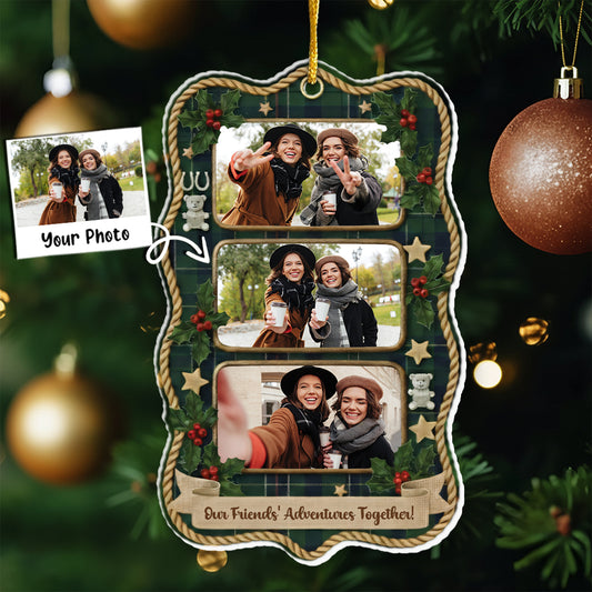 Our Adventures Friends Together Custom Photo Ornament - Plaid Christmas Frame Gift