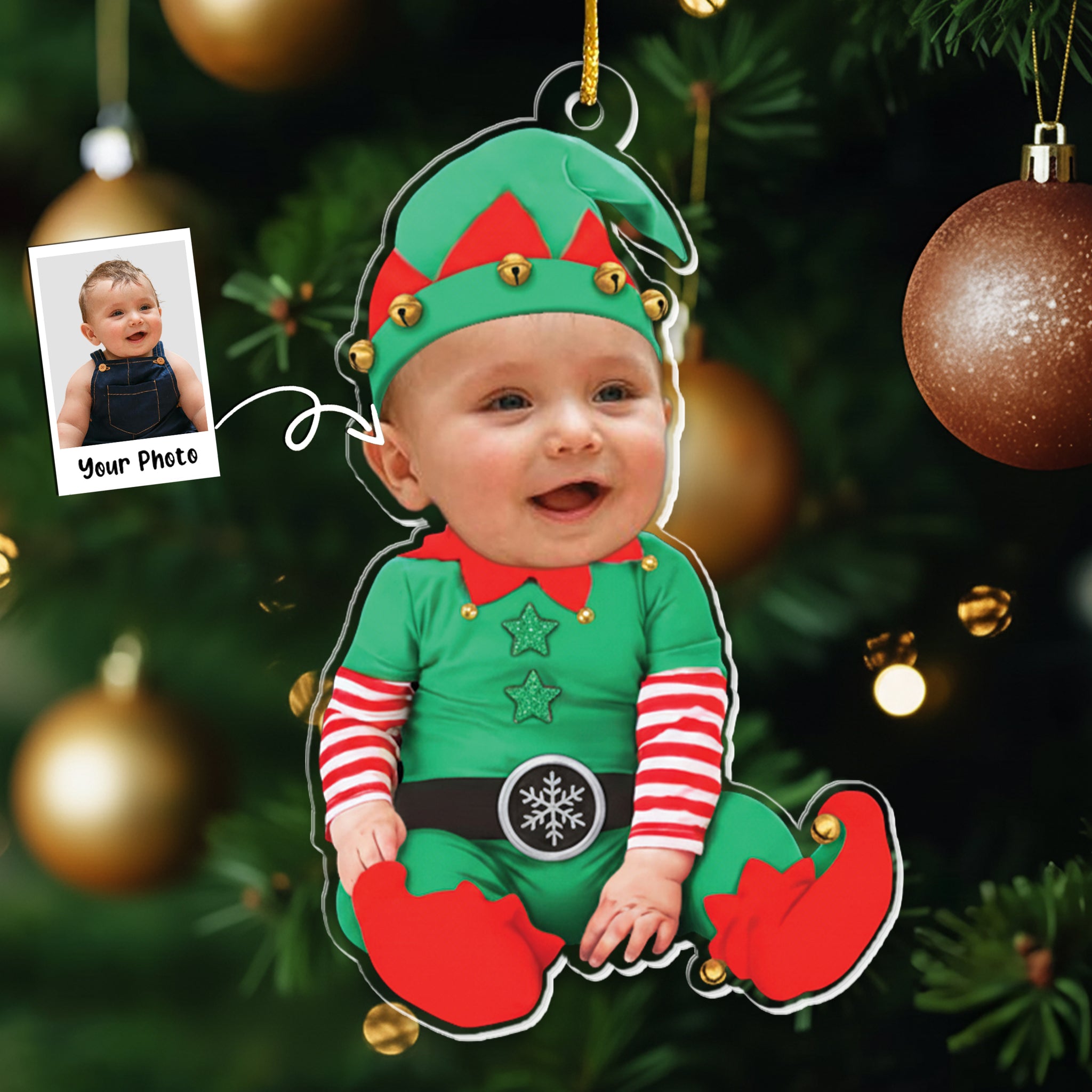 Adorable Newborn Baby Elf - Personalized Babys Photo First Christmas Ornament