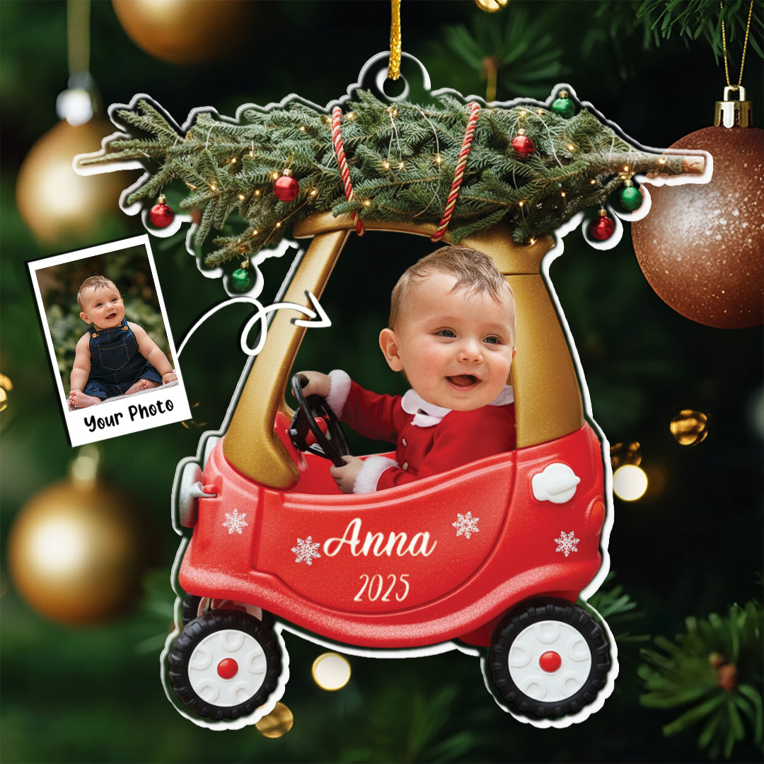 Custom Baby Kid In Car - Personalized Newborn Christmas Photo Ornament