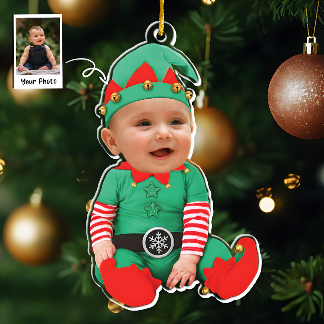 Adorable Newborn Baby Elf - Personalized Babys Photo First Christmas Ornament