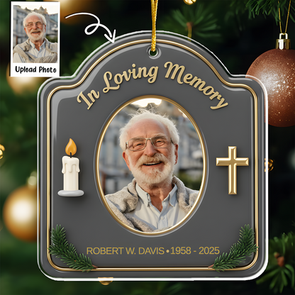 In Loving Memory Candle & Cross Memorial - Custom Photo Ornament