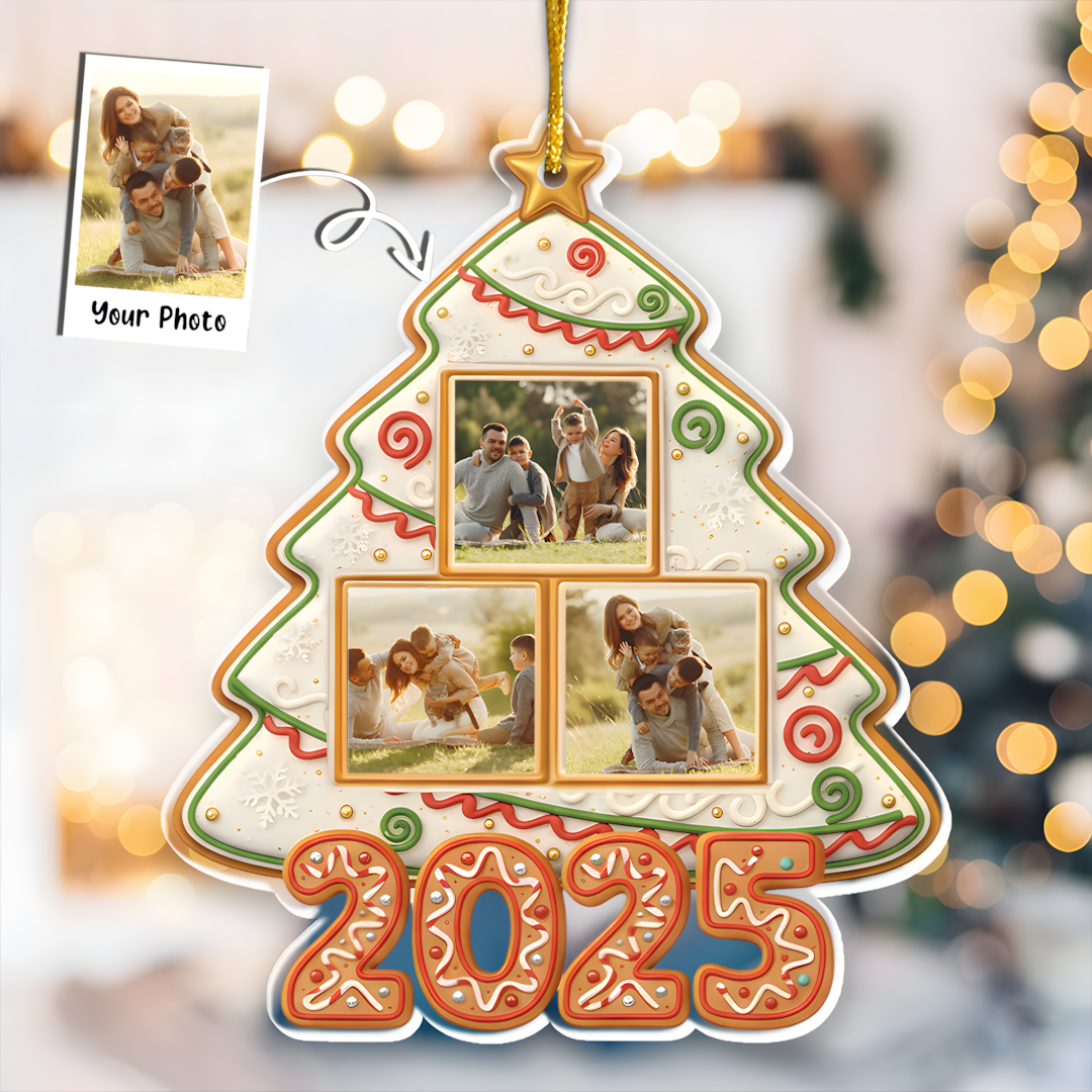 Custom Photo Happy Family Christmas Tree Gingerbread - Personalized Custom Shaped Acrylic Ornament