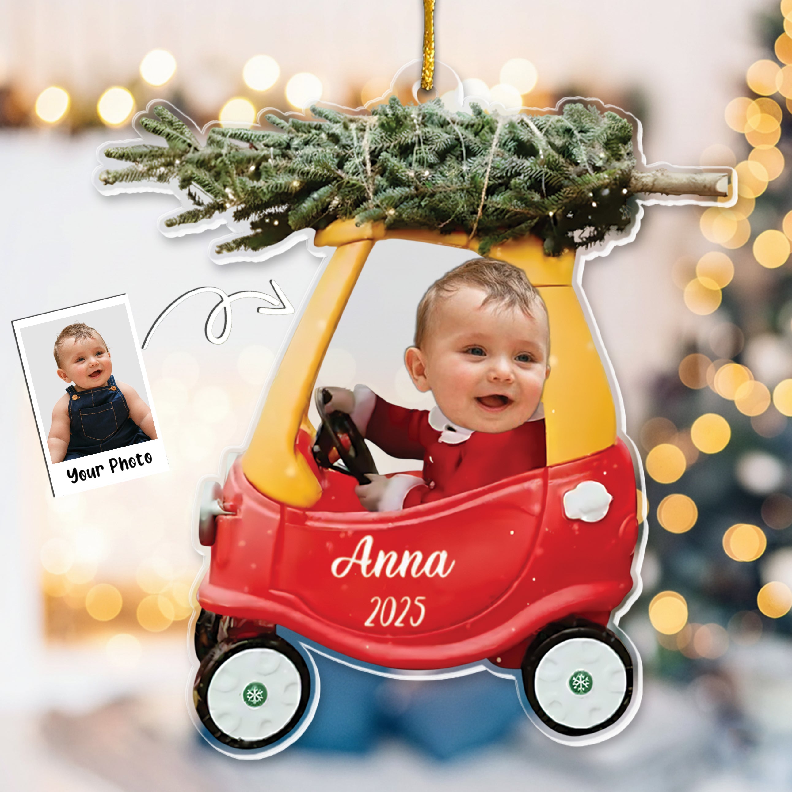 Custom Baby Kid In Car - Personalized Newborn Christmas Photo Ornament