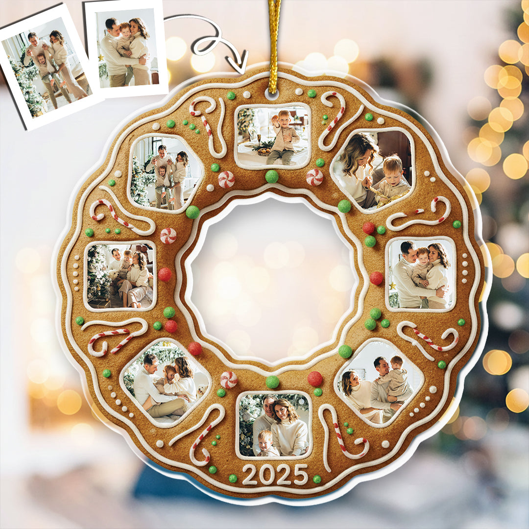 Gingerbread Christmas Wreath With Family Photos - Personalized Acrylic Ornament