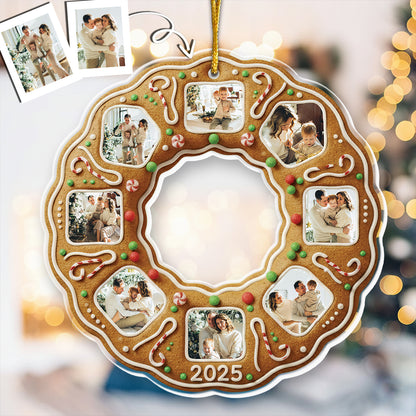 Gingerbread Christmas Wreath With Family Photos - Personalized Acrylic Ornament