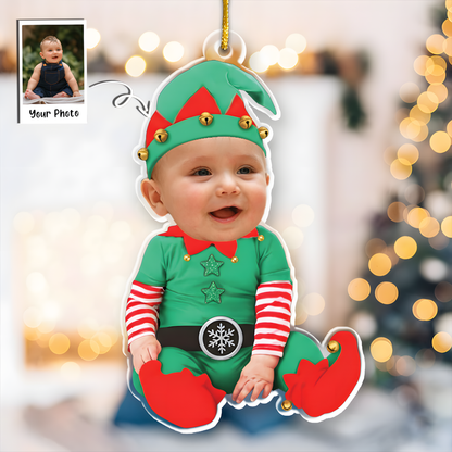 Adorable Newborn Baby Elf - Personalized Babys Photo First Christmas Ornament