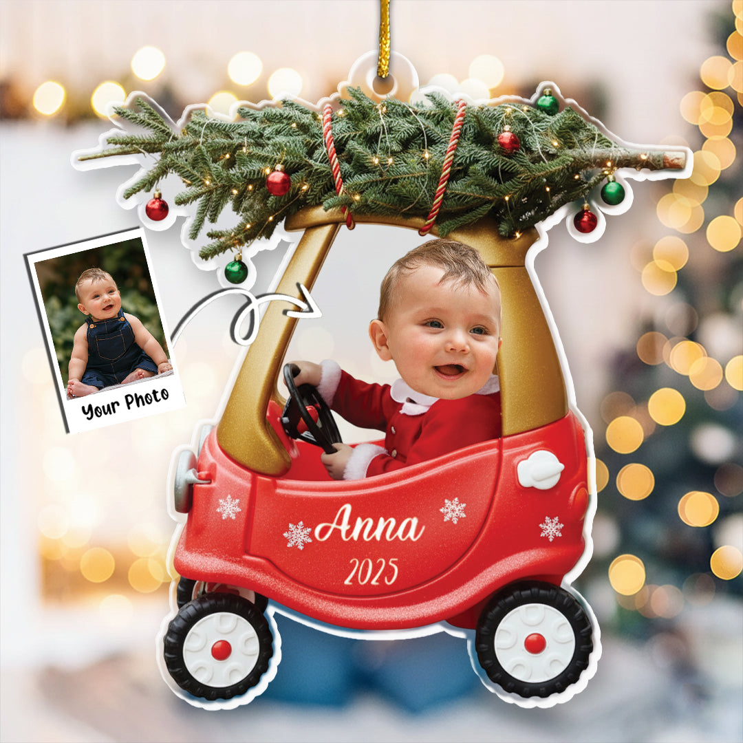 Custom Baby Kid In Car - Personalized Newborn Christmas Photo Ornament