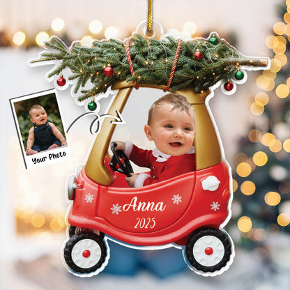 Custom Baby Kid In Car - Personalized Newborn Christmas Photo Ornament
