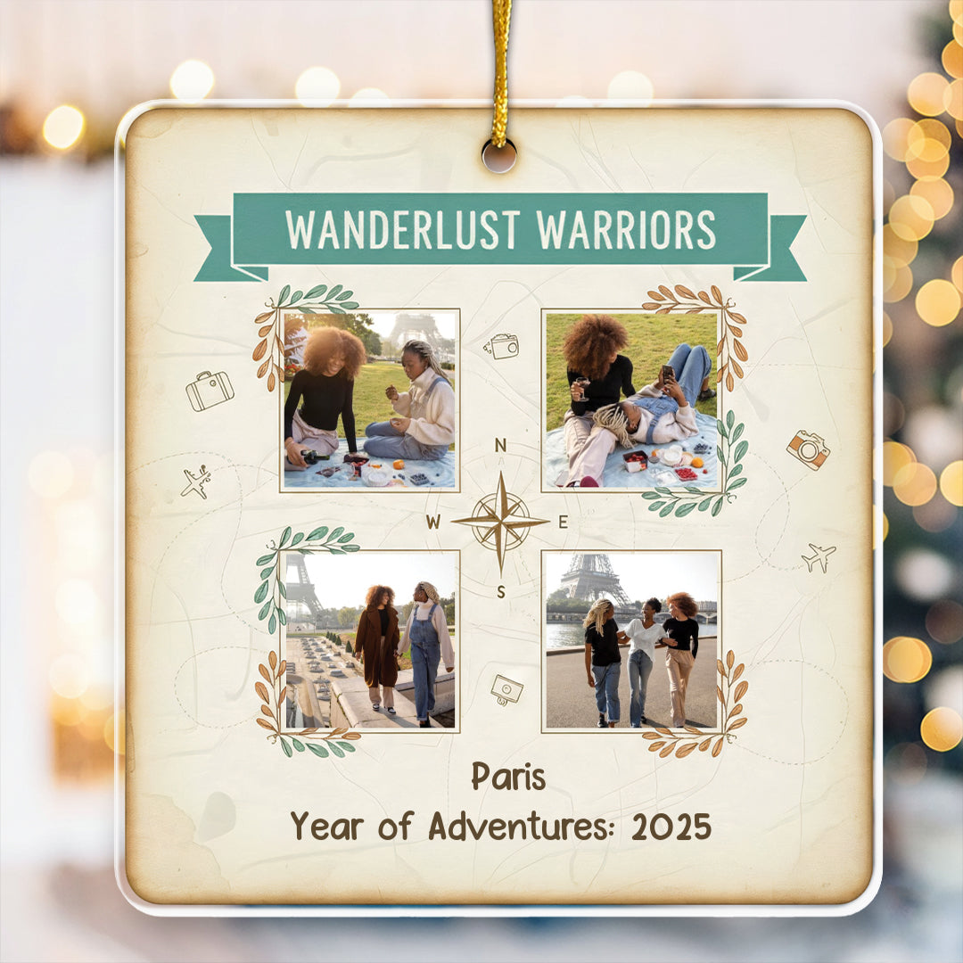 Wanderlust Warriors Personalized Photo Ornament - Custom 4 Pictures Travel Keepsake
