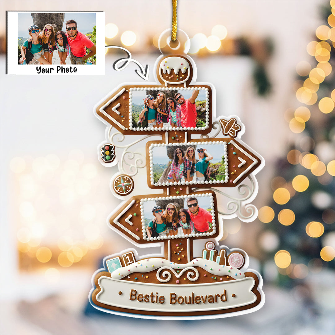 Bestie Boulevard Custom Photo Upload Ornament - Gingerbread Sign Christmas Gift 2025