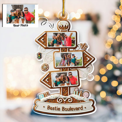 Bestie Boulevard Custom Photo Upload Ornament - Gingerbread Sign Christmas Gift 2025