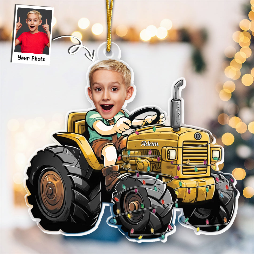 Just A Boy Who Loves Tractor Custom Kid Face - Personalized Acrylic Photo Ornament