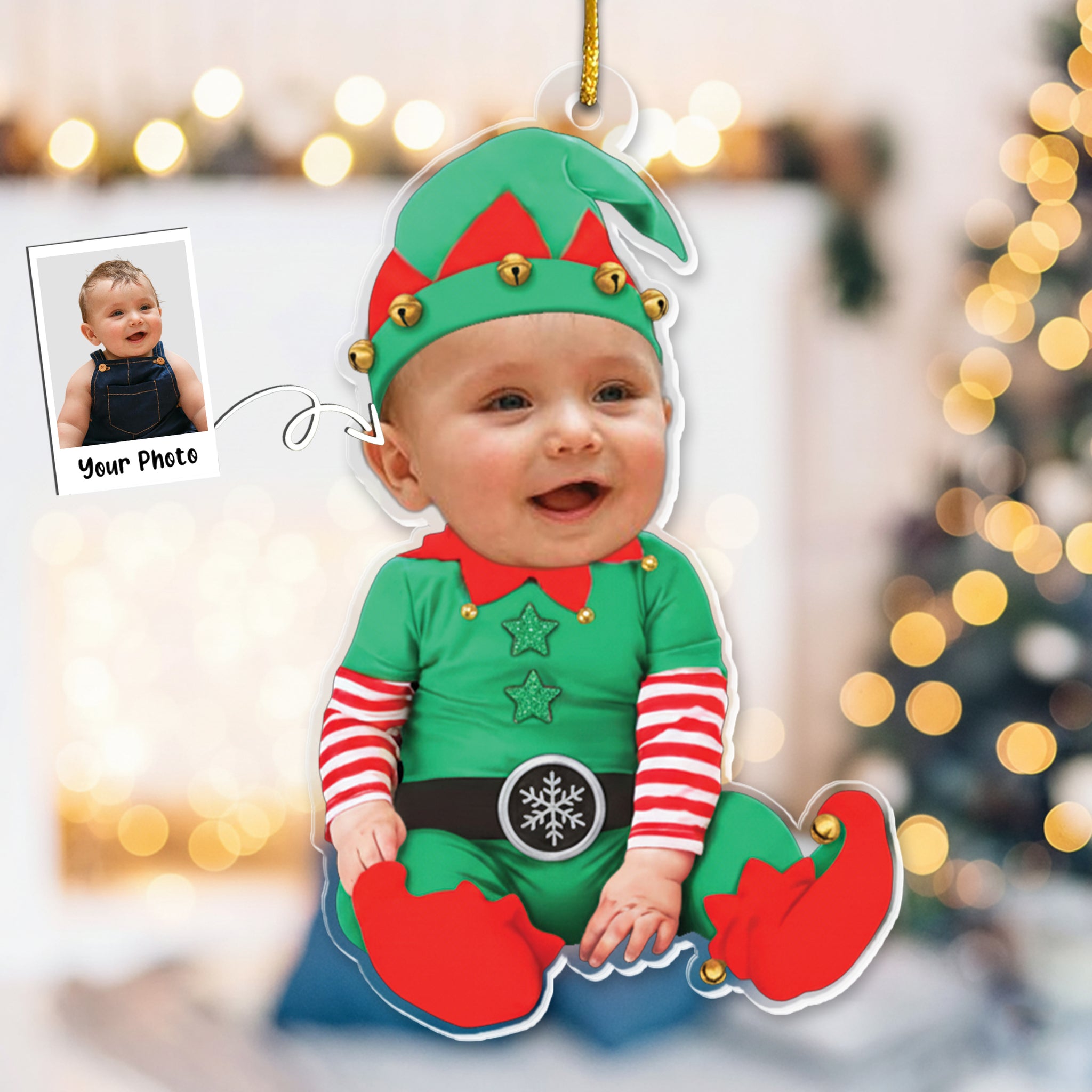 Adorable Newborn Baby Elf - Personalized Babys Photo First Christmas Ornament
