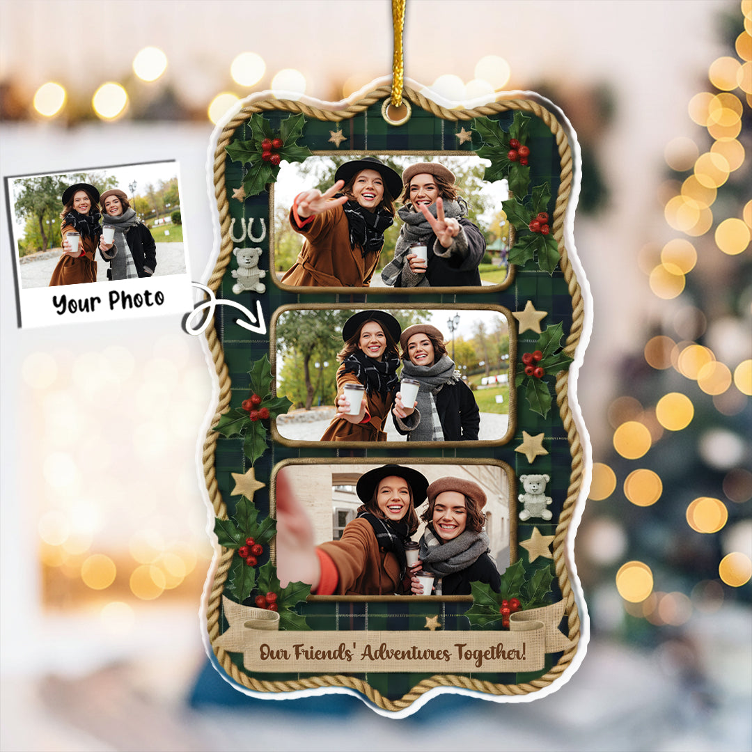 Our Adventures Friends Together Custom Photo Ornament - Plaid Christmas Frame Gift