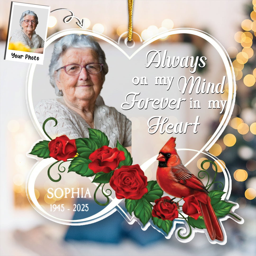 Forever In My Heart Memorial Cardinal Rose - Personalized Acrylic Photo Ornament