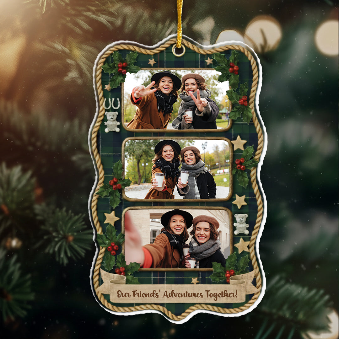 Our Adventures Friends Together Custom Photo Ornament - Plaid Christmas Frame Gift